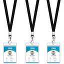 KINGSUM 3 Pack Cruise Lanyard with ID Holder Sets - Flat ID Lanyard with Heavy Duty Clear Vertical ID Card Name Badge Holder (Black 3)