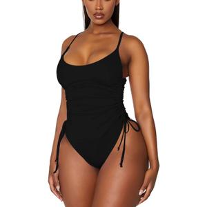 Viottiset Women's Ruched High Cut One Piece Swimsuit Tummy Control Bathing Suit Monokini (Large, Black)