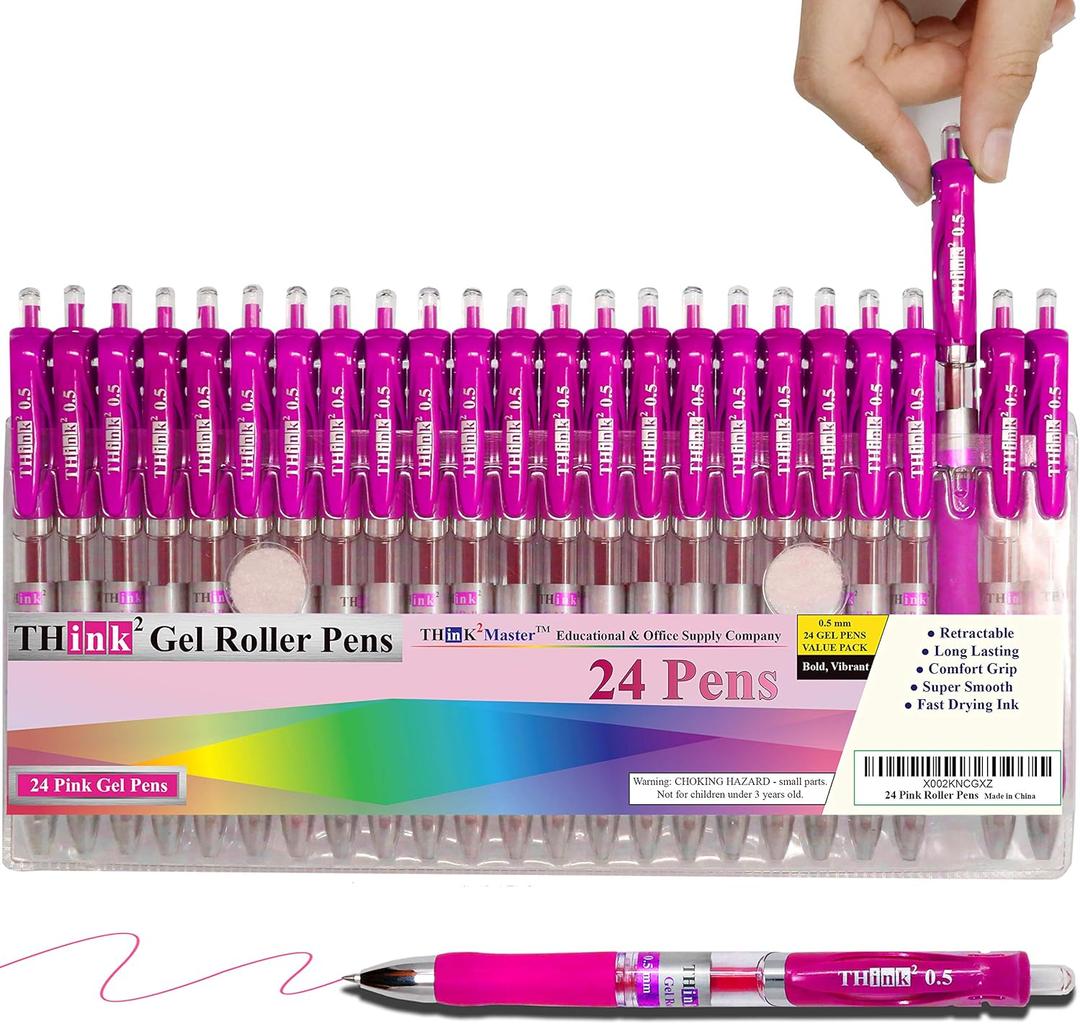 THINK2MASTER [24 Pens - Pink Ink] Think2 Retractable Gel Pens. (24 Pink) Fine Point (0.5mm) Rollerball Pens with Comfort Grip. (1 Count (Pack of 24))