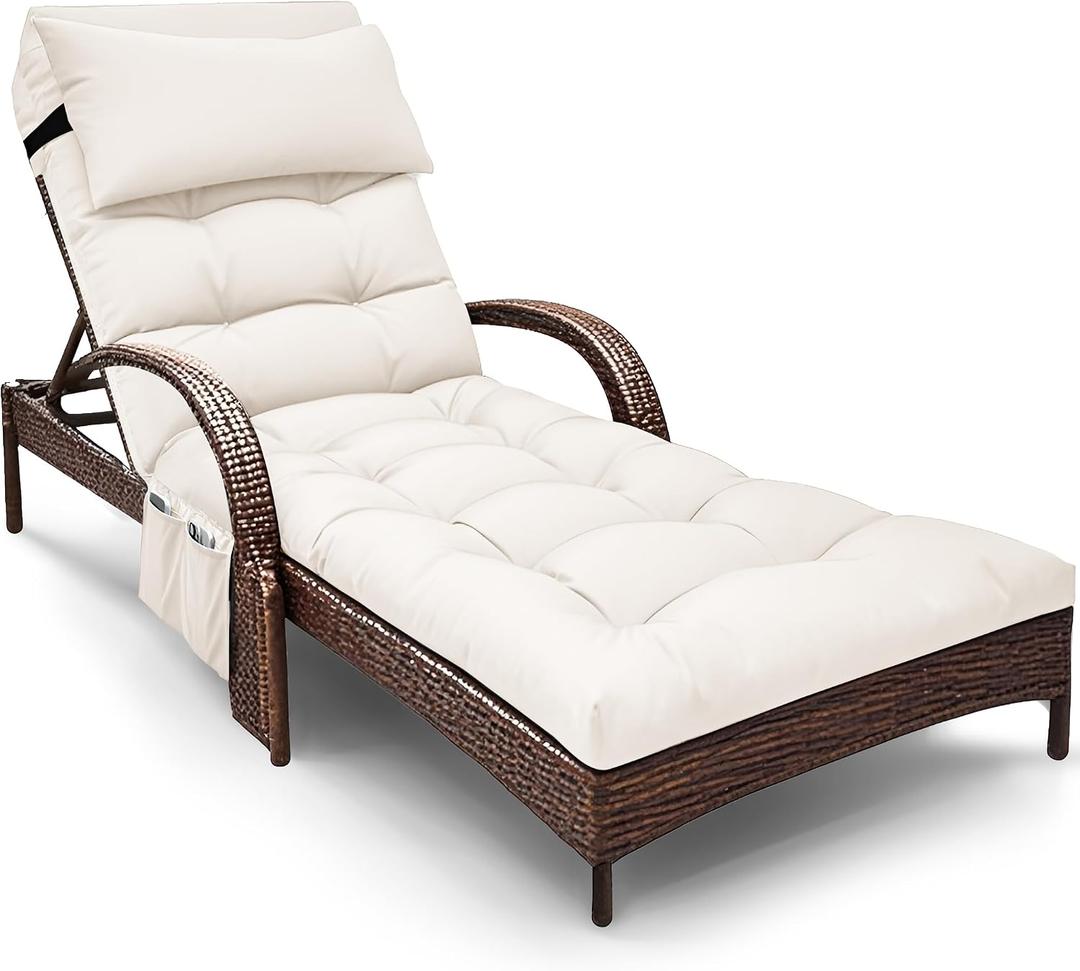 Outdoor Chaise Lounge Chair Cushion, Waterproof Outdoor Chair Cushions for Patio Furniture, 71 x 21 x 4 Inches Replacement Chaise Lounge Cushion with Ties (Cream)