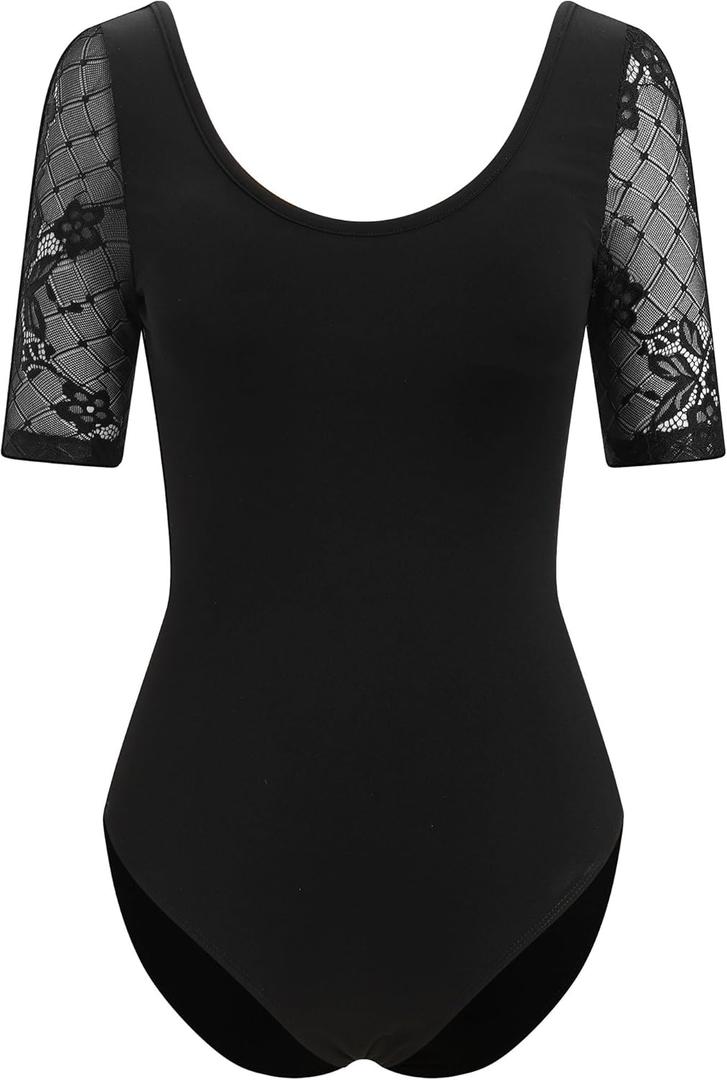 AFAVOM Ballet Dance Leotards for Women Sheer Mesh Lace Leotard Bodysuit Adult Gymnastics Dancewear Ballerina Dance Costumes (Medium, Black)