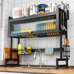 SNSLXH  2-Tier Over The Sink Dish Drying Rack, 33.66"31.1"11.81", Large Sink Rack for Kitchen, Saving Kitchen Space, Cover Design Holds Dishes, Bowls, and Cutlery, Kitchen Sink Shelf
