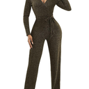 LightlyKiss Women's casual sexy V-neck sparkling jumpsuit long sleeve loose jumpsuits Fashion Club party Rompers with belt M