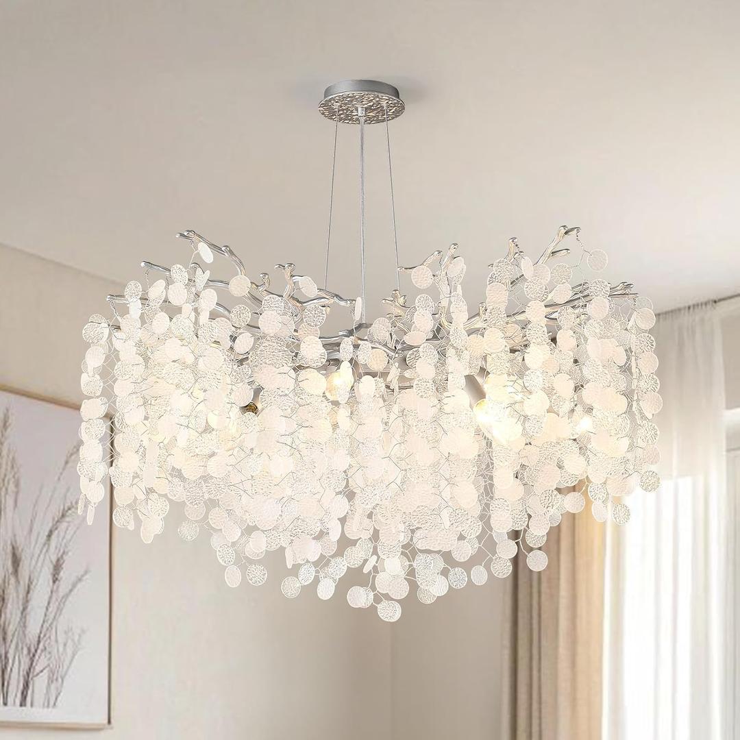32 Inch Modern Tree Branch Light Fixture Large Bedroom Chandeliers | 10-Light Contemporary Chandeliers, Hanging Round Coastal Chandeliers for Dining Room Foyer Living Room, Silver