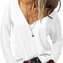 Danedvi Women Fashion Deep V-Neck Long Sleeve Tops Solid Casual Loose Basic T Shirt No Size