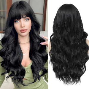 Lovenia-Long Black Wig with Bangs for Women Natural Wavy Wig for Women 26" Synthetic Wigs Heat Resistant Fiber Long Wavy Curly Hair with Bangs Middle Part Daily Party Fancy Wig