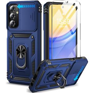 BaHaHoues for Samsung Galaxy A15 5G Case with Screen Protector & Slide Camera Lens Cover,Built-in 360Rotate Magnetic Ring Stand Shockproof Protective Phone Case for Samsung A15 5G Case (Blue)