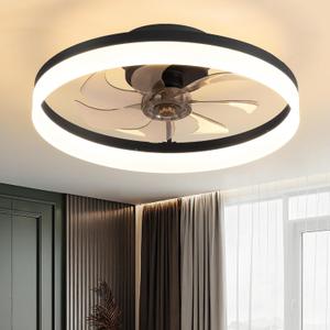 PUSU 15.8" Low Profile LED Ceiling Fans with Light, Reversible Flush Mount with Remote and 6 Winds Speeds Fan Lighting, 3 Colors Dimmable for Bedroom, Garage, Kids, Dinning Room, Kitchen (Black)