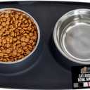GORILLA GRIP Feeding Mat Set, 3 Cup, Patent Pending 100% Waterproof BPA Free Silicone, Stainless Steel Cat and Dog Bowls, Slip Resistant, High Edges Catch Water Food, US Designed Pet Accessories Black