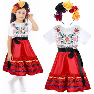 4 Pcs Mexican Traditional Costume Set Flamenco Dance Dress Flower Crown Headband Halloween 7-8