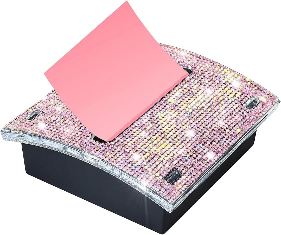 Rhinestone Self Sticky Note Holder Post it Note Dispenser Pop-Up Sticky Notes Dispenser 4 x 4 inch Post it Dispenser for Office Desk Accessories(Pink)