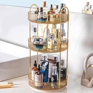 Zufudo Rotating Makeup Organizer Countertop 3 Tier Lazy Susan Trays Clear Skincare Perfume Storage for Bathroom Counter Vanity, Amber Gold