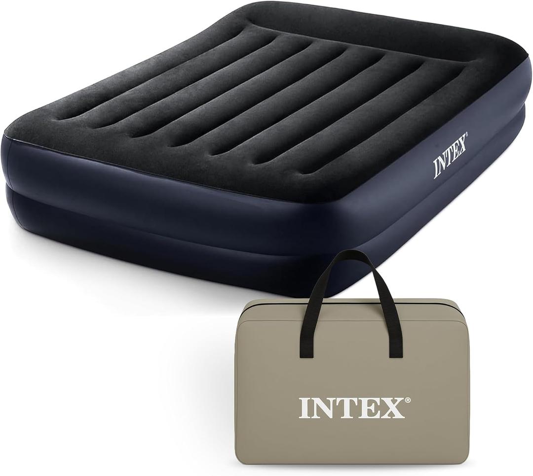 Intex Air Mattress, 64123ED Dura-Beam Plus Pillow Rest Fiber-Tech  Queen Size  Built-in Electric Pump  16.5in Bed Height  600lb Weight Capacity
