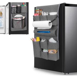 Mini Fridge Organizer, Dust Cover with 14 Pockets for Most Household Refrigerators, Hanging Mini Fridge Caddy Organizer Storage Bag for Dorm, Office, Kitchen, Home, School, Gray