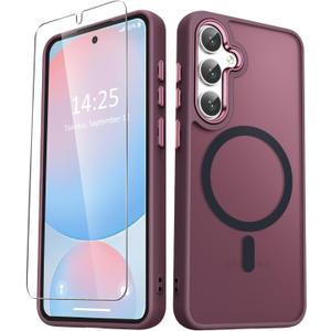 for Samsung Galaxy S25+ Plus Case, Matte Magnetic Phone Case with 1 Screen Protector, Support for Magsafe, Translucent Frosted Shockproof Protective Cover for Samsung Galaxy S25+ Plus, Wine Red