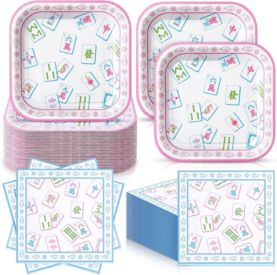 Zhehao 72 Pcs Mahjong Plates and Napkins Set Serve 36, 7" Mahjong Party Supplies Cocktail Tableware Dessert Plates and Napkins Disposable for Bridal Showers Wedding Dinnerware Decoration