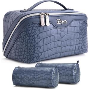 BOYATU Travel Makeup Bag Cosmetic Bags for Women: 3 Pcs Set Large Capacity Make up Bag with Handle - Crocodile Pattern Vegan Leather Toiletry Bags Travel Essentials with Compartments(E-3-Blue)