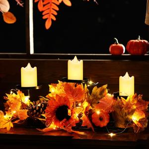 meekoo Thanksgiving Fall Centerpiece Table Decoration 3 Candle Holders Fall Harvest Decor with 3 LED Candles Autumn Pumpkin Maple Leaves Sunflower Centerpiece for Kitchen Fireplace Mantel (Elegant Style)
