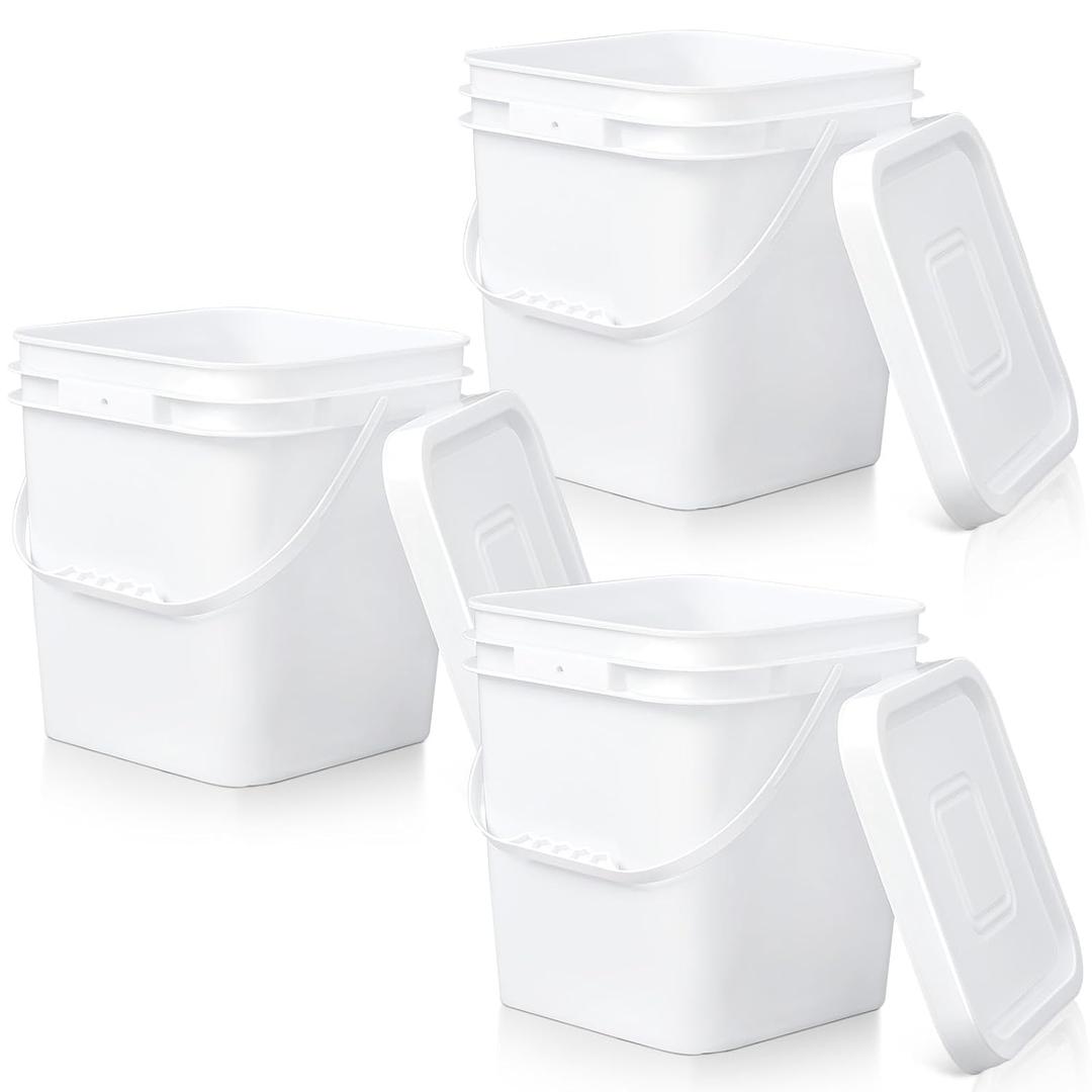 Mumufy 3 Pcs 3.5 Gallon Square Food Grade Bucket with Lid Square Bucket Pail Plastic Handles for Long Term Food Storage, Camping, Fishing, Home Organization Easy Stack and Store (White)