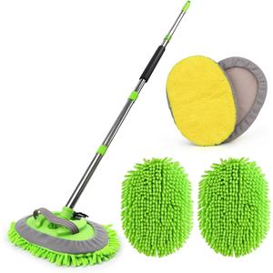 62'' Microfiber Car Wash Brush Mop Kit Sponge with Long Handle, Chenille Car Cleaning Brush Supplies Car Windshield Cleaner Pads for Car Rv SUV Truck Boat Bus Non-Scratches (Green)