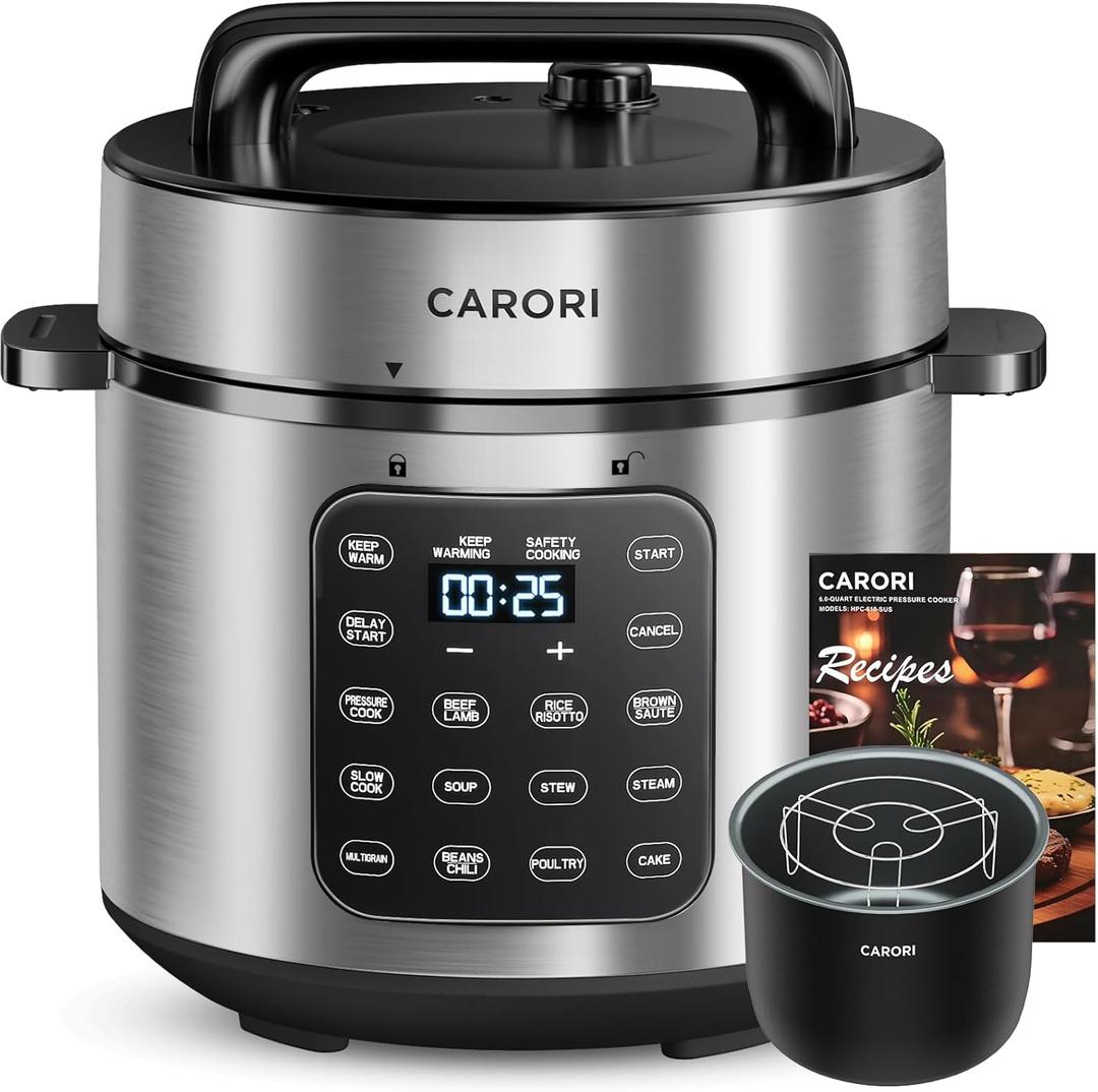 9-in-1 Electric Pressure Cooker 6 Qt, Programmable Multi-Function Cooker with Safer Vent, Olla de Presion, Rice Cooker, Slow Cooker, Steamer, Saut, Warmer & Sterilizer, 1000W, Stainless Steel