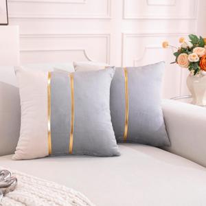 TAOSON Velvet Throw Pillow Covers, Pack of 2 Soft Decorative Cushion Covers Cases Grey Beige Patchwork with Gold Leather for Sofa Bedroom Livingroom Car, 18 x 18 Inch