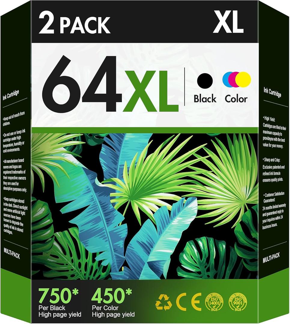 64XL Ink Cartridge Combo Pack Remanufactured Replacement for HP Ink 64 HP64 64XL 64 XL Work for Envy Photo 7858 7855 7155 6255 6252 7120 7158 Envy 7255e 7955e 7958e Tango X Terra Printer(Black, Color)
