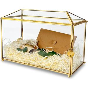 12.6 inches Gold Wedding Glass Card Box Large Wedding Card Box with Lock and Slot for Reception Handmade Clear Decorative Boxes for Graduation, Gift Cards, Party, Ceremony, Geometric Terrarium
