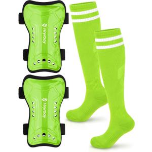 Hryrbay Kids Soccer Shin Guards and Socks Toddler Soccer Shin Pads Protective Defender Gear for Boys Girls Ages 3-15 Great for Training, Matches, Inspired by The World Cup (Small, Neon Green)