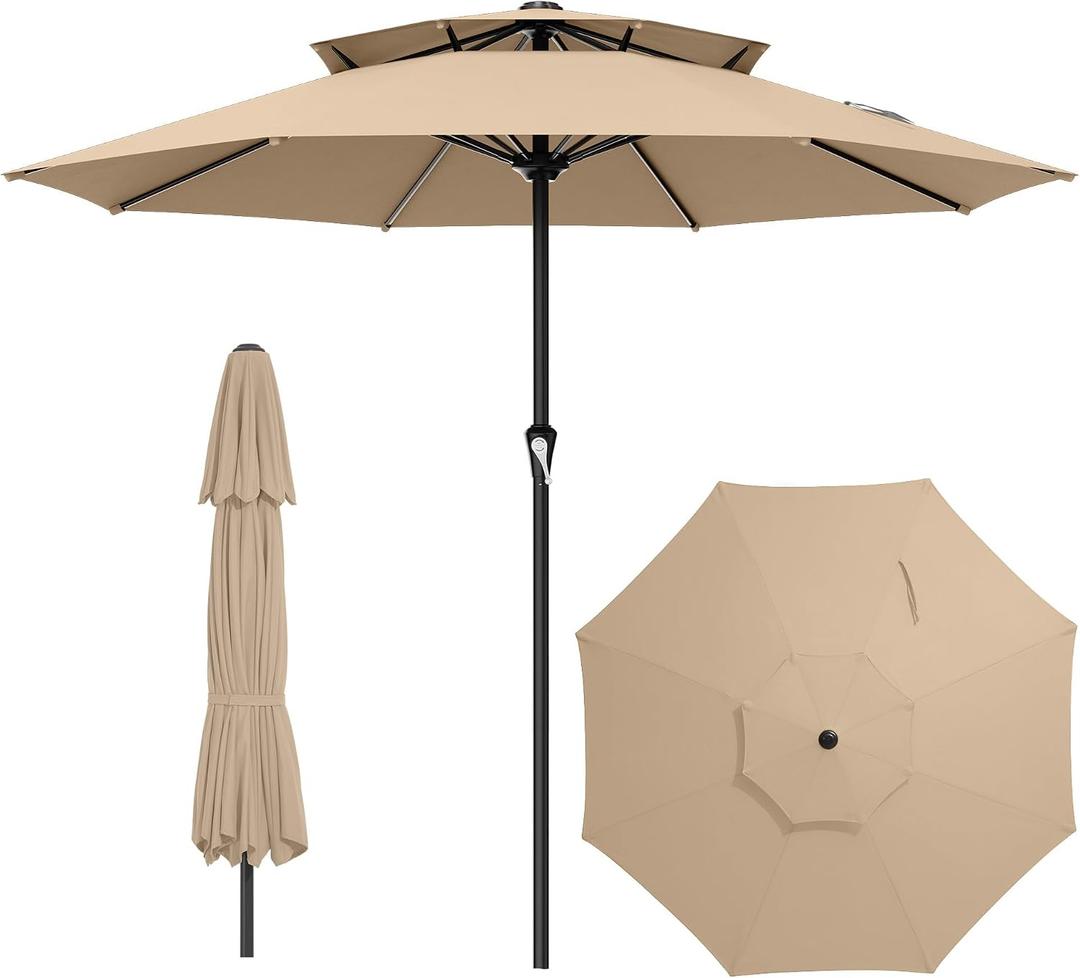 AreShark 11ft 2 Tiers Patio Umbrella - Outdoor Umbrella Waterproof UV Protection, Market Table Umbrella w/ 8 Sturdy Ribs&Crank for Pool, Porch, Garden(Beige)