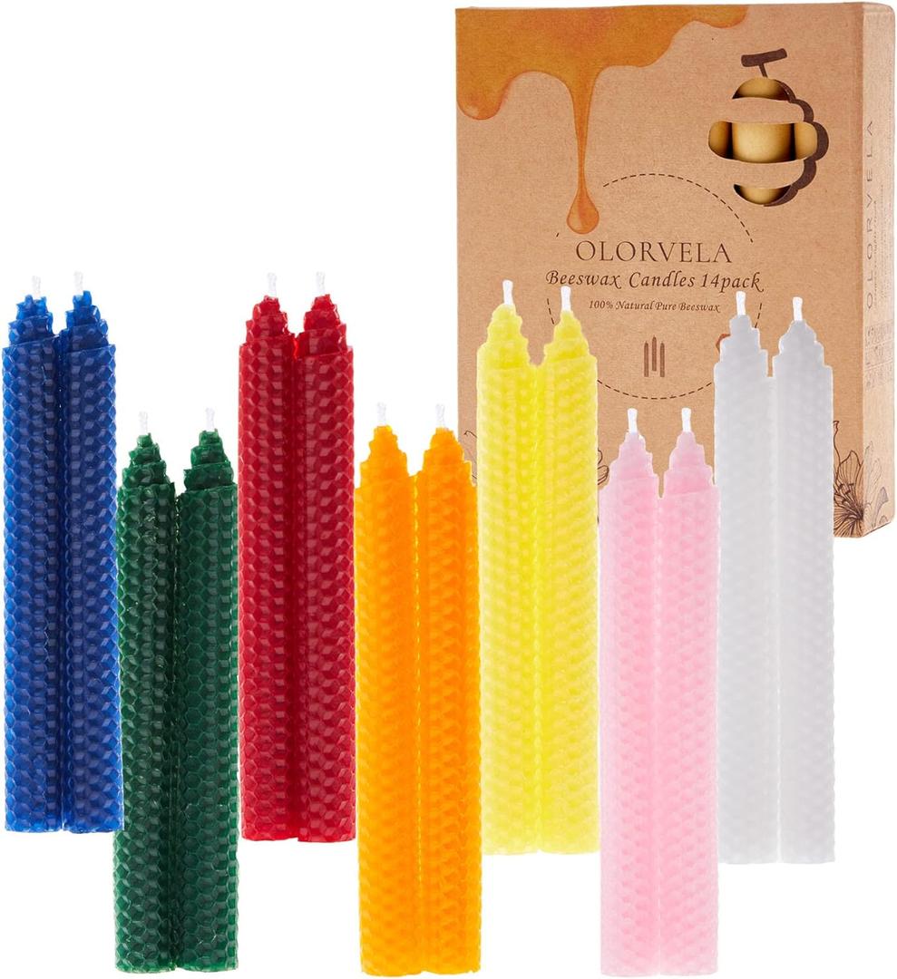 14 Pack Hand-Rolled Beeswax Taper Candles,8 Inch 100% Pure Beeswax Candles Sticks,4-5 Hours Long Burning Dripless Colored Bees Wax Candle for Home Decor,Prayer,Christmas,Party (Colorful)