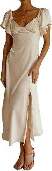 2023 Summer Women's Satin Off Shoulder Formal Dress Wedding Guest Elegant Butterfly Sleeve Split Cocktail Prom Midi Dresses Champagne, Medium