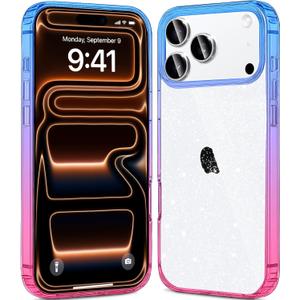 JJGoo Compatible with iPhone 17 Pro Max Case Clear Glitter, Hard PC Back Shockproof Protective Bumper Cover, Sparkle Bling Sparkly Cute Slim Women Girls Phone Cases, Gradient Blue Pink