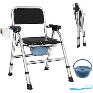 4 in 1 Folding Bedside Commode Chair for Elderly with Arms and Back,Adjustable Height Raised Toilet Seat with Handles,Adults Potty Chair for Seniors,Disabled and Pregnant