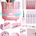 Pink Desk Accessories, 20Pc Office Supplies and 360Pen Holder Desk Organizers, With Tape Dispenser, Stapler, Staple Remover, Ect, Let the Color Pink Fill Your Desktop