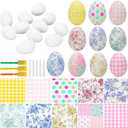 Gemscream 82 Pcs DIY Easter Unfinished Egg Decoupage Craft Include 24 White Eggs 50 Decoupage Napkins 5 Glues 3 Sponge Brushes Easter Decorations Party Favors for Craft Activities Family Party