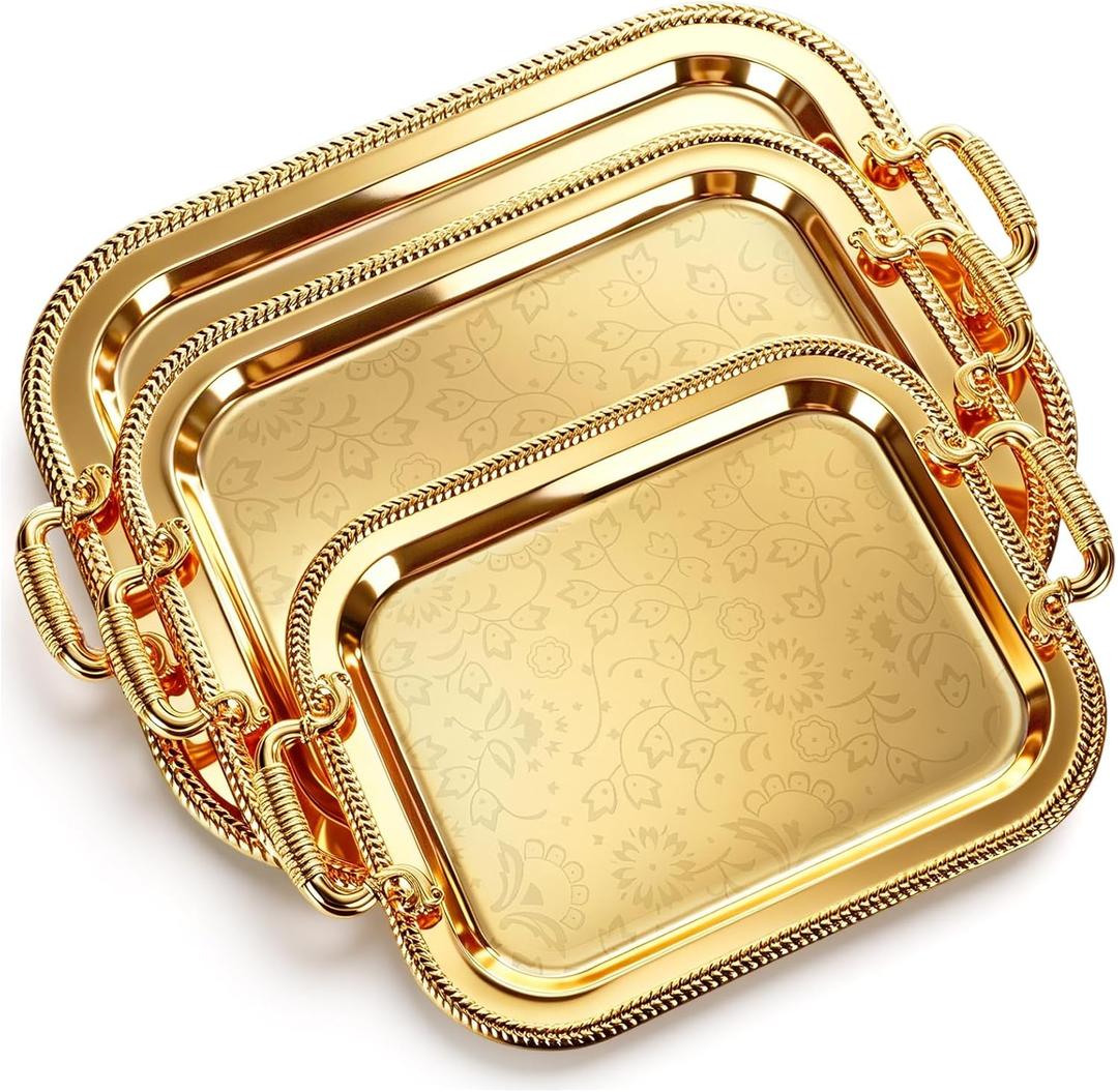 3 Pack Metal Serving Trays with Handles, Decorative Floral Platter Trays for Coffee Tea, Food, Dessert, Jewelry, for Buffet Wedding Party Kitchen Home Decor(Lovely,Silver, Gold)