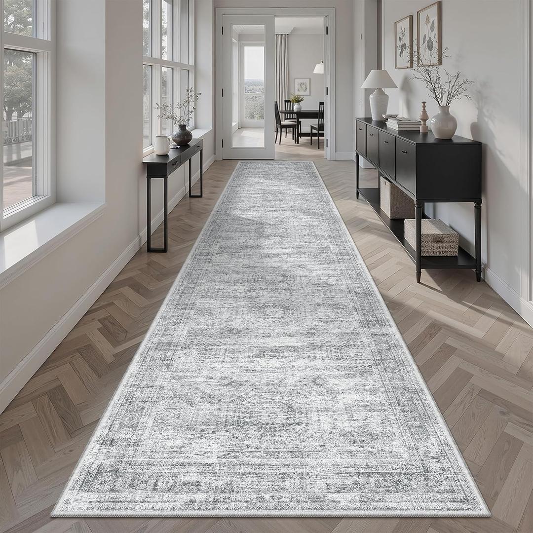 Runner Rug 2'6" x 12' Washable Non-Slip Runner Rugs for Kitchen Bathroom Laundry Room Vintage Ultra Thin Runners for Hallway Entryway Grey, 2'6" x 12' (Runner)