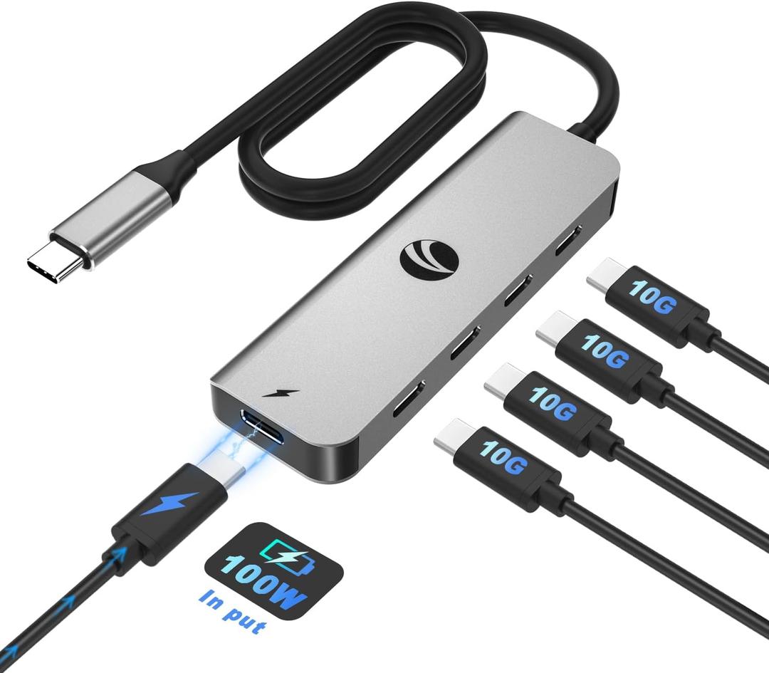 VCOM 10Gbps USB C Hub5 Ports USB 3.2 Gen 2 Splitter with 100W Power DeliveryAluminum USB Type C to USB Hub Multiport Adapter for MacBook Pro/Air and More Thunderbolt/USB C Laptop (Gray)