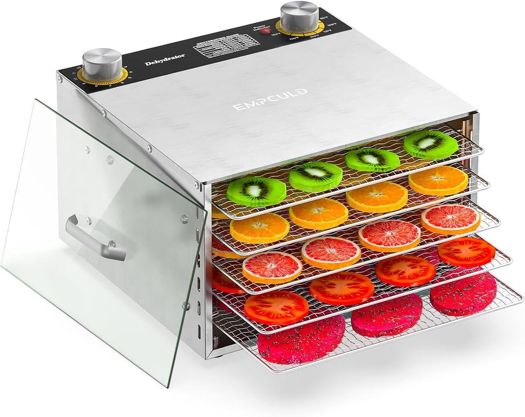 Food Dehydrator - 5 Stainless Steel Trays Dryer Machine with 194 Temperature Control & Adjustable Timer, 400W Meat Dehydrator for Jerky, Fruit, Veggies, Dog Treats, 50 Recipes Book Included