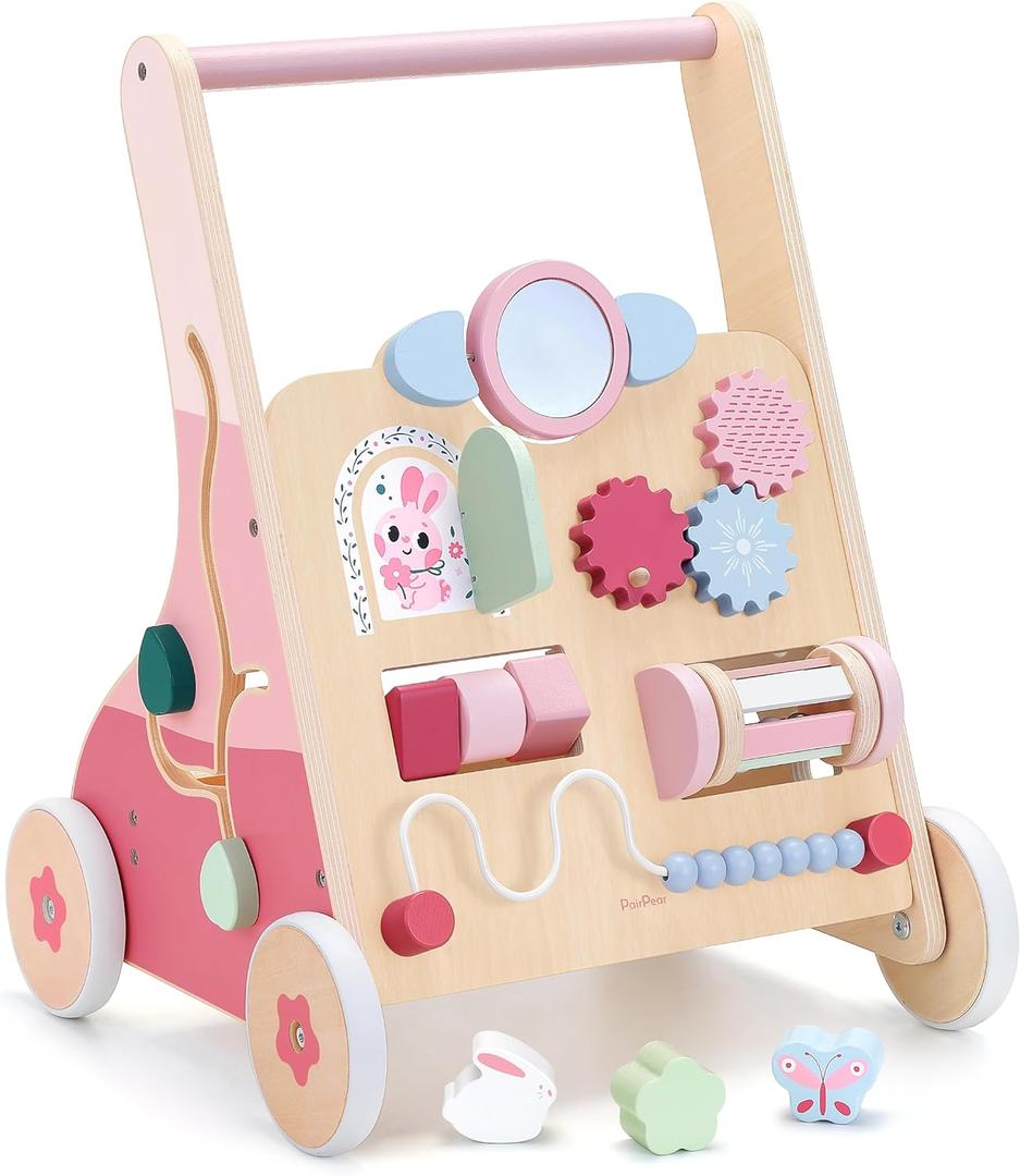 PairPear Wooden Baby Walker Push and Pull Learning Activity Walker, 8-in-1 Montessori Busy Board Push Walker Wooden Activity Center Toys for Boys and Girls 12m+ Pink Rabbit