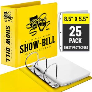 Showbill Binder with Display Sleeves, Holds 8.5 x 5.5 Broadway Programs, Includes 25 Clear Sheet Protectors, D-Ring Organizer for Theatre Memorabilia & Collectibles, Yellow