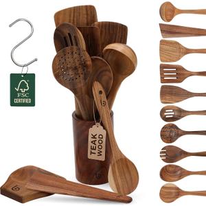 Teak Wood Utensil Set – Premium Natural Wooden Cooking Tools for Nonstick Cookware, Stirring & Serving – Durable, Non-Toxic Kitchen Spatulas (12)