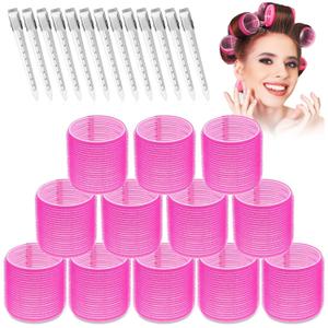 Jumbo Hair Rollers Set - 12 Large Rollers for Voluminous Long Thick Hair (Hot Pink)