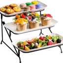 3-Tier White Ceramic Serving Trays with Black Metal Stand Set- Porcelain Dessert Serving Platters and Trays for Party, Tiered Fruit Tray Stand for Serving Food, 1 Stand + 3 Plates