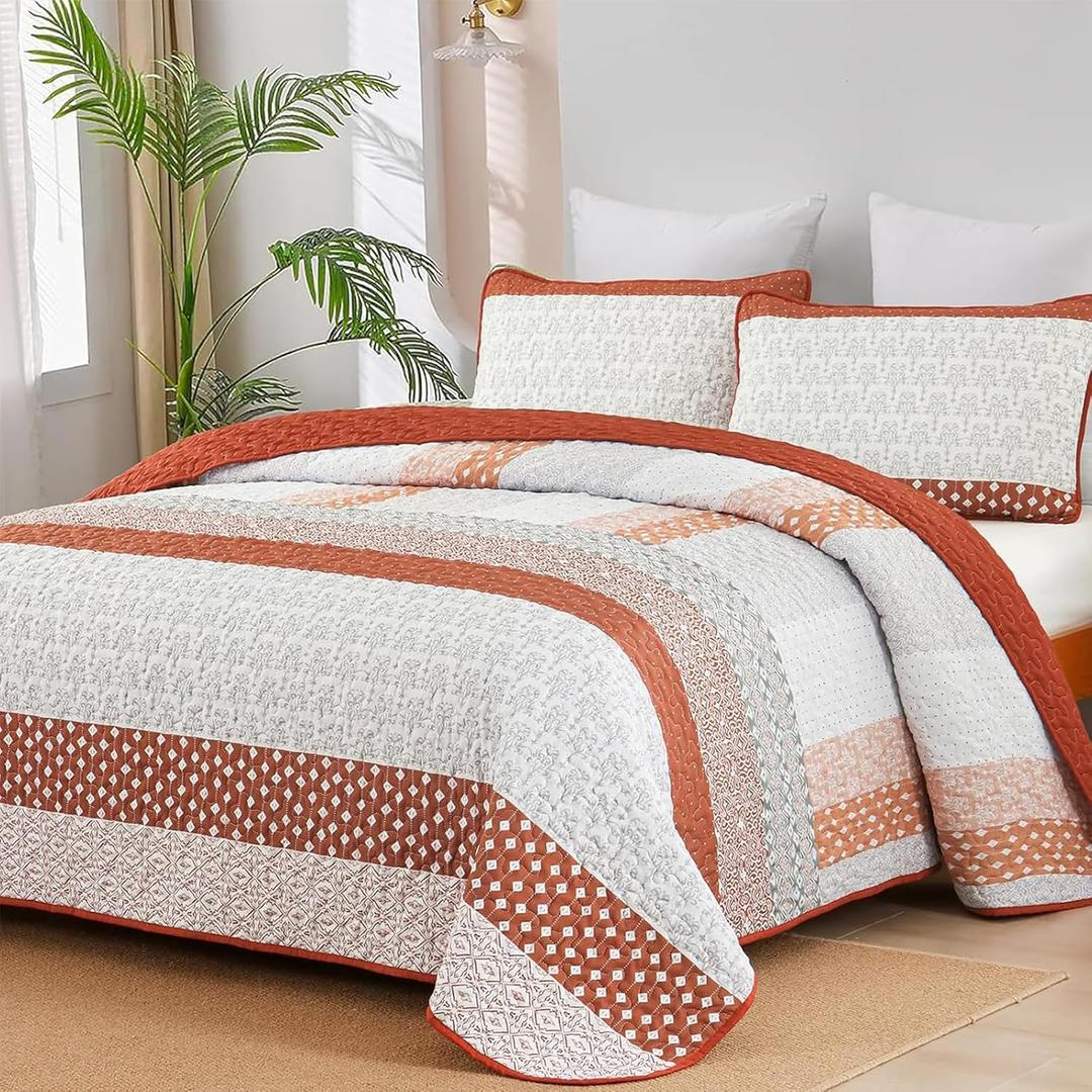 WONGS BEDDING Burnt Orange Quilt King Size, Bohemian Stripe Quilt Sets 3 Pieces Boho Quilted Bedspread Set Lightweight Microfiber Coverlet Bedding Set All Season (104"x90")