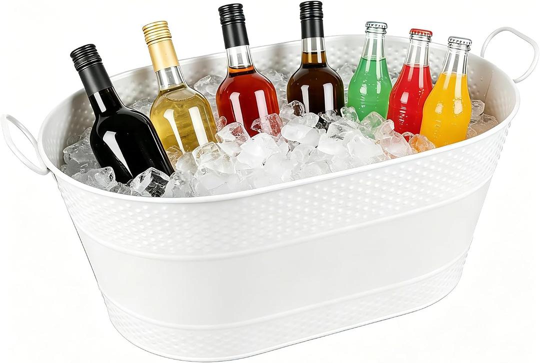 1 Pack 4 Gallon Galvanized Ice Bucket, Large Galvanized Beverage Tub Ice Bucket for Parties, Thick Metal Beverage Buckets with Handles, Oval Drink Buckets for Parties Indoor or Outdoor (White)