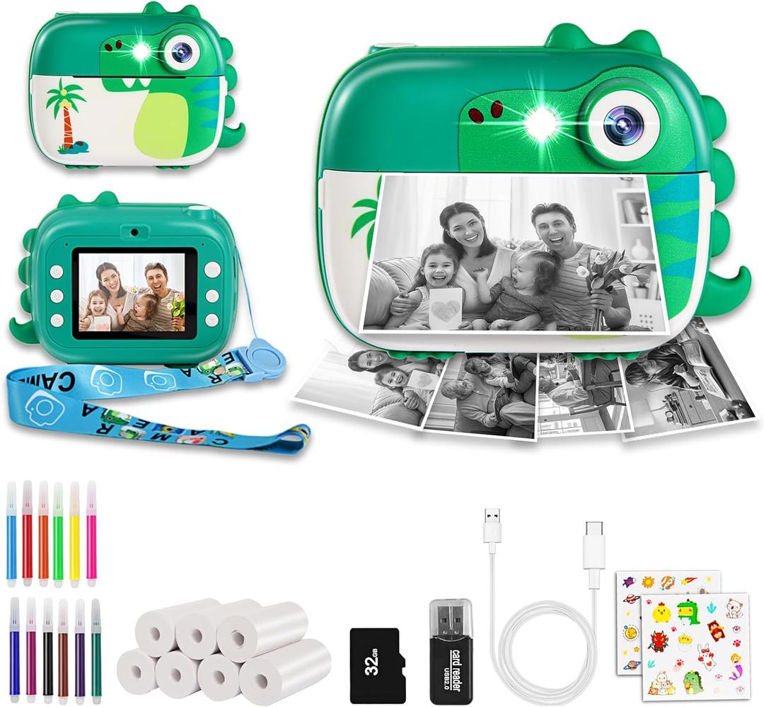 Kids Camera Instant Print,Children Digital Camera Toys with HD Video for Kids Aged 3-12,Christmas Birthday Festival Present for Girls Boys,with 7 Rolls Instant Paper,M3 (Green Dinosaur)