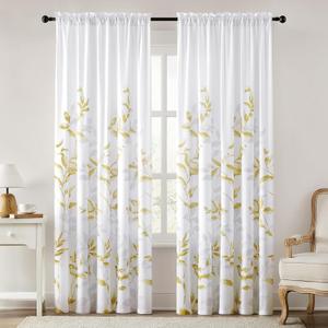HOMEIDEAS Non-See-Through Gold and White Privacy Sheer Curtains 52 X 84 Inch Length 2 Panels, Leaf Floral Printed Light Filtering Semi Sheer Window Curtains Drapes for Bedroom Living Room