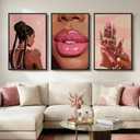 Large Framed Pink African American Black Girl Canvas Wall Art, 3 Piece, 24"W x 36"H x 3 Pieces